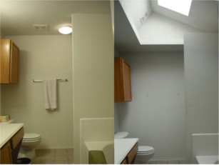 A before and after demonstration of the effect of natural light from a skylight